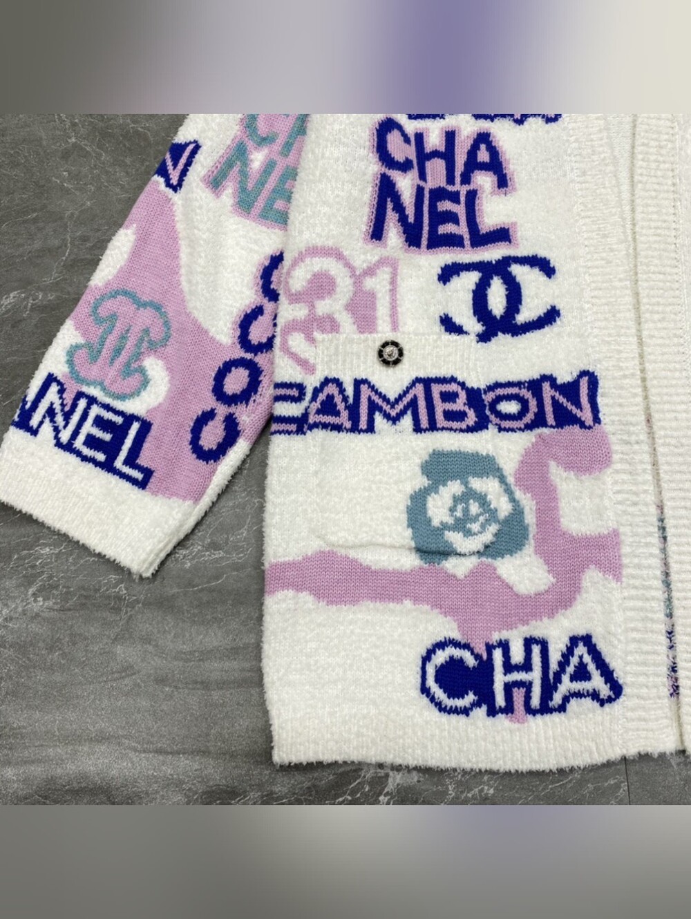 CHANEL with Pink & Blue Accents Knit Logo Graphic Cardigan Sweater - Picture 6 of 9